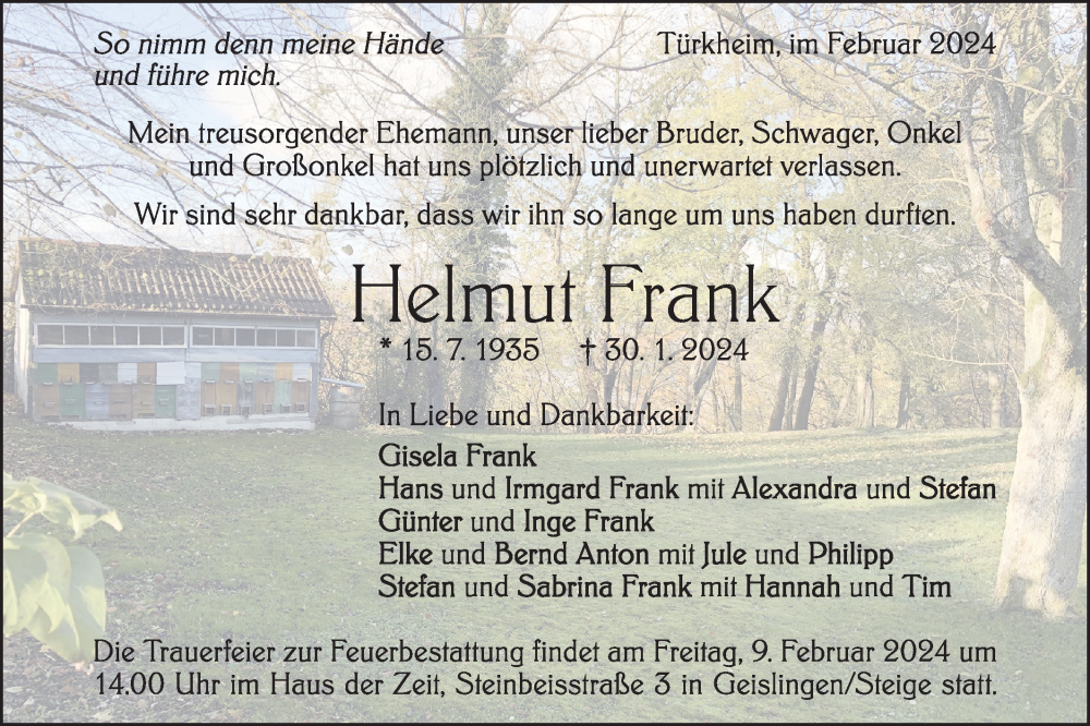  Traueranzeige für Helmut Frank vom 03.02.2024 aus Geislinger Zeitung