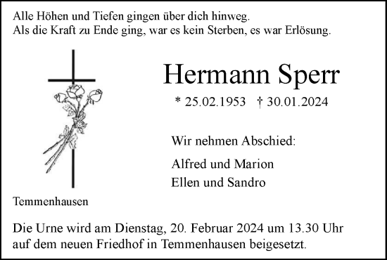 Traueranzeige von Hermann Sperr von SÜDWEST PRESSE Ausgabe Ulm/Neu-Ulm