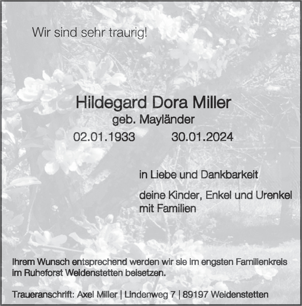  Traueranzeige für Hildegard Dora Miller vom 02.02.2024 aus SÜDWEST PRESSE Ausgabe Ulm/Neu-Ulm