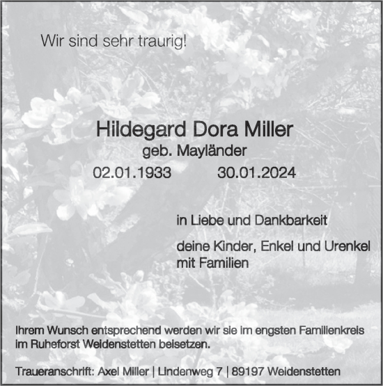 Traueranzeige von Hildegard Dora Miller von SÜDWEST PRESSE Ausgabe Ulm/Neu-Ulm