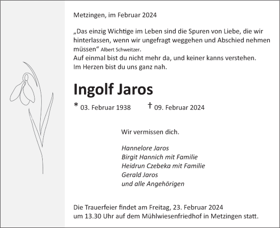 Traueranzeige von Ingolf Jaros von SÜDWEST PRESSE/SÜDWEST PRESSE