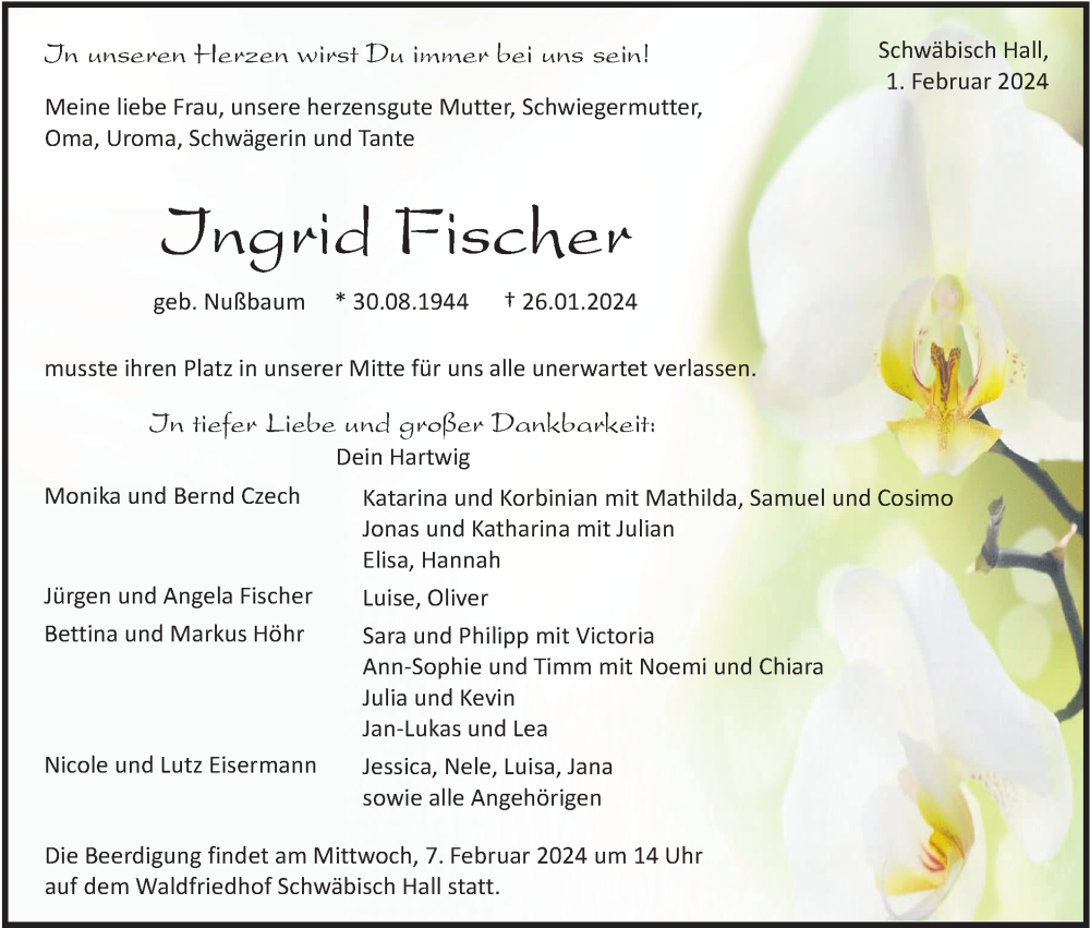  Traueranzeige für Ingrid Fischer vom 01.02.2024 aus Haller Tagblatt