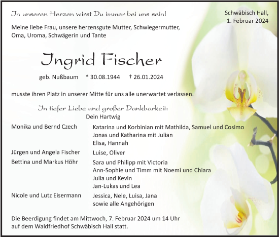 Traueranzeige von Ingrid Fischer von Haller Tagblatt