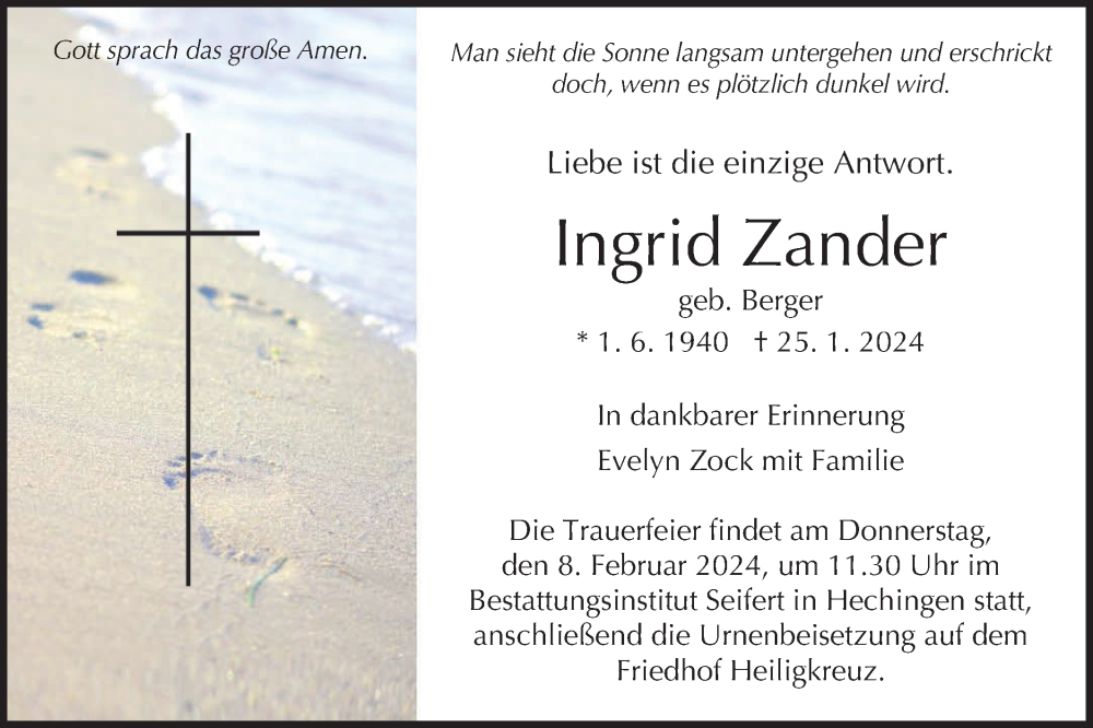  Traueranzeige für Ingrid Zander vom 06.02.2024 aus Hohenzollerische Zeitung