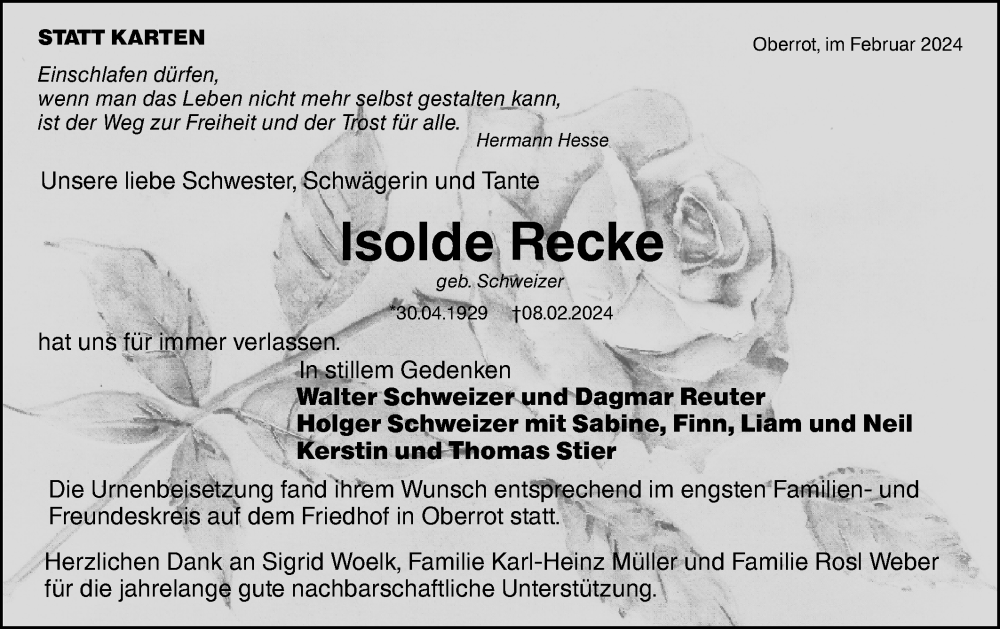  Traueranzeige für Isolde Recke vom 24.02.2024 aus Rundschau Gaildorf