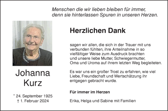 Traueranzeige von Johanna Kurz von Hohenzollerische Zeitung