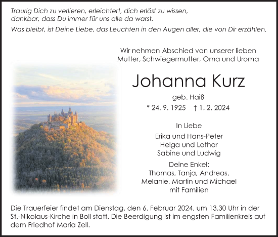 Traueranzeige von Johanna Kurz von Hohenzollerische Zeitung