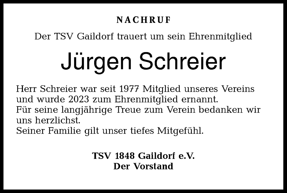  Traueranzeige für Jürgen Schreier vom 06.02.2024 aus Rundschau Gaildorf