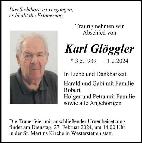 Traueranzeige von Karl Glöggler von SÜDWEST PRESSE Ausgabe Ulm/Neu-Ulm