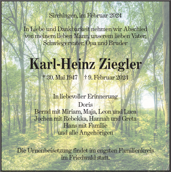 Traueranzeige von Karl-Heinz Ziegler von Alb-Bote/Metzinger-Uracher Volksblatt