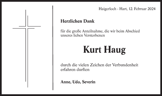 Traueranzeige von Kurt Haug von Hohenzollerische Zeitung
