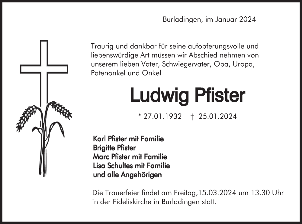  Traueranzeige für Ludwig Pfister vom 03.02.2024 aus Hohenzollerische Zeitung