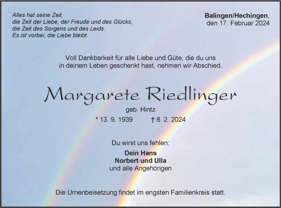 Traueranzeige von Margarete Riedlinger von Hohenzollerische Zeitung