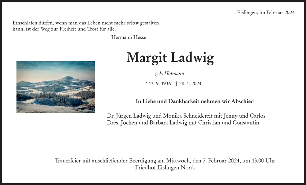  Traueranzeige für Margit Ladwig vom 01.02.2024 aus NWZ Neue Württembergische Zeitung