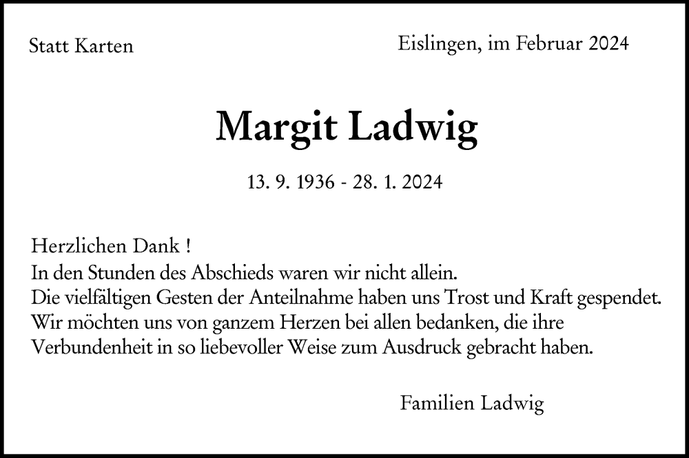  Traueranzeige für Margit Ladwig vom 24.02.2024 aus NWZ Neue Württembergische Zeitung