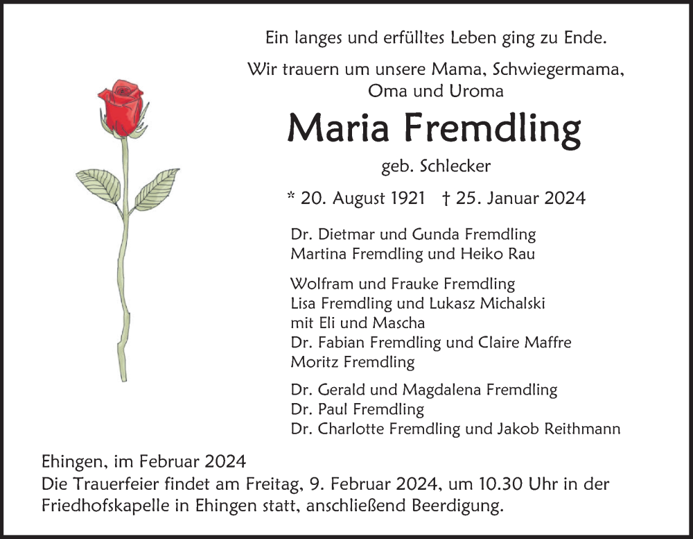  Traueranzeige für Maria Fremdling vom 03.02.2024 aus SÜDWEST PRESSE Ausgabe Ulm/Neu-Ulm