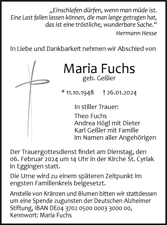 Traueranzeige von Maria Fuchs von SÜDWEST PRESSE Ausgabe Ulm/Neu-Ulm