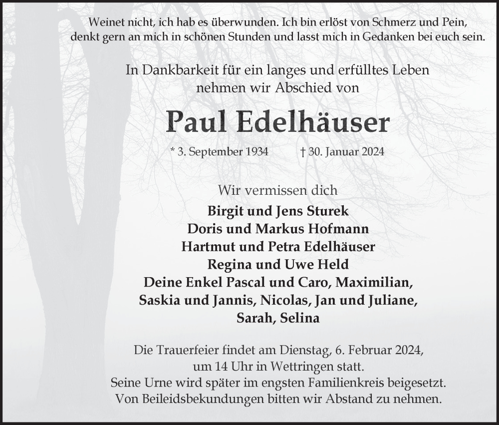  Traueranzeige für Paul Edelhäuser vom 03.02.2024 aus Hohenloher Tagblatt