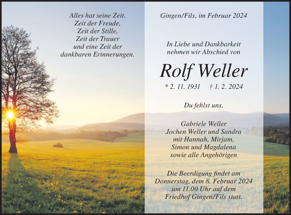  Traueranzeige für Rolf Weller vom 06.02.2024 aus Geislinger Zeitung