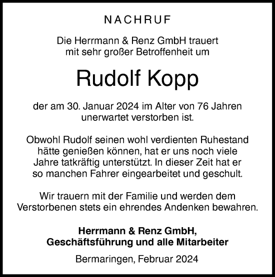 Traueranzeige von Rudolf Kopp von SÜDWEST PRESSE Ausgabe Ulm/Neu-Ulm
