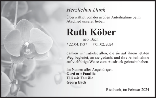 Traueranzeige von Ruth Köber von Hohenloher Tagblatt
