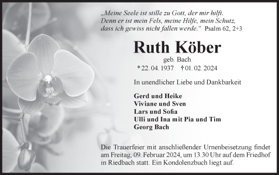 Traueranzeige von Ruth Köber von Hohenloher Tagblatt