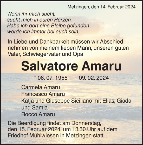 Traueranzeige von Salvatore Amaru von SÜDWEST PRESSE/SÜDWEST PRESSE