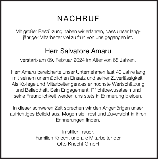 Traueranzeige von Salvatore Amaru von SÜDWEST PRESSE/SÜDWEST PRESSE