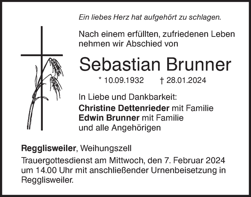  Traueranzeige für Sebastian Brunner vom 03.02.2024 aus SÜDWEST PRESSE Ausgabe Ulm/Neu-Ulm