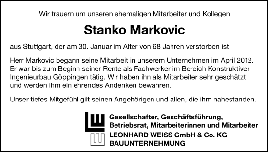 Traueranzeige von Stanko Markovic von NWZ Neue Württembergische Zeitung