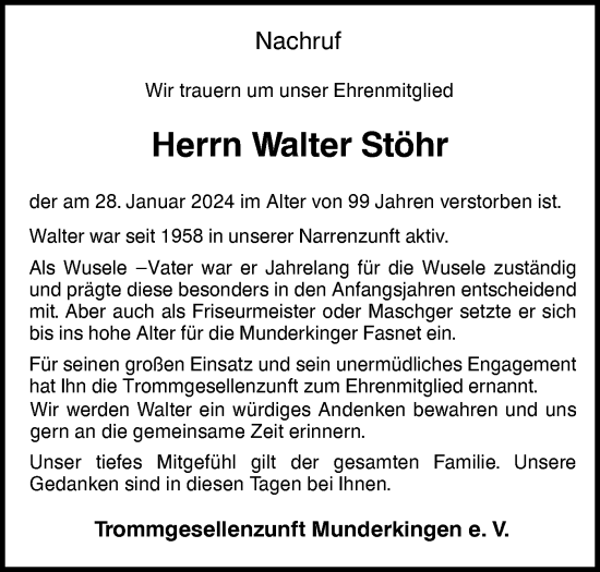 Traueranzeige von Walter Stöhr von Ehinger Tagblatt