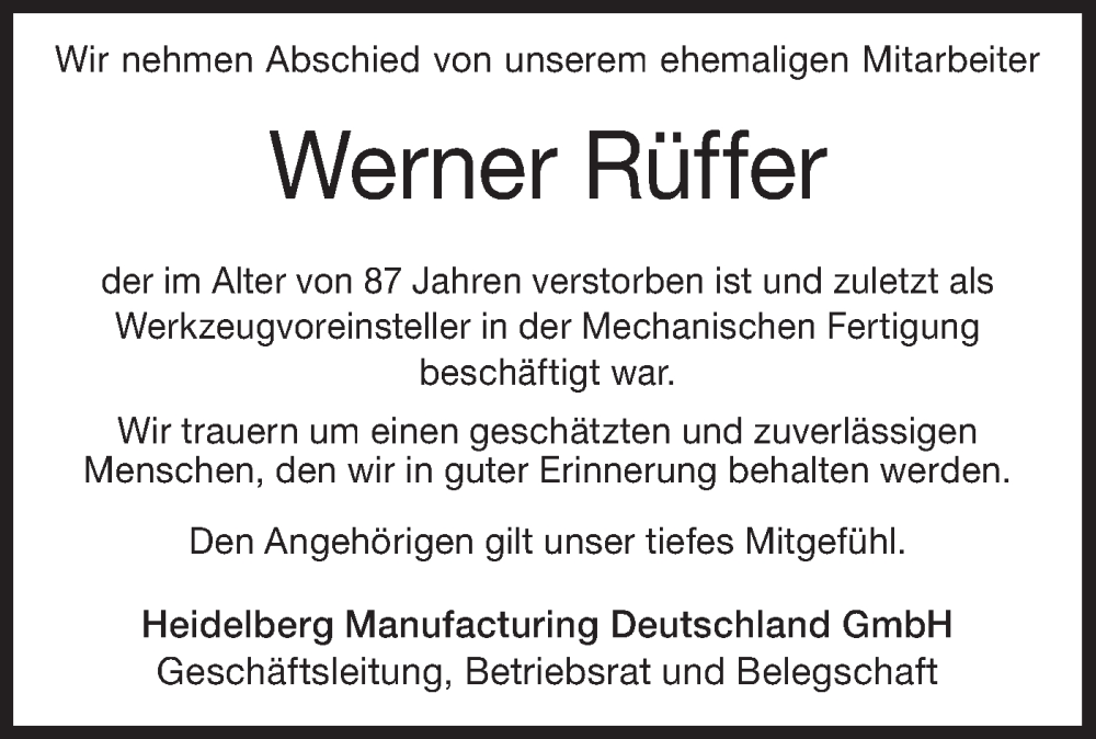  Traueranzeige für Werner Rüffer vom 28.02.2024 aus Geislinger Zeitung