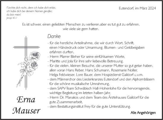 Traueranzeige von Erna Mauser von Rundschau Gaildorf