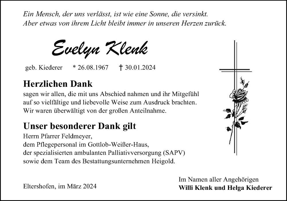  Traueranzeige für Evelyn Klenk vom 09.03.2024 aus Haller Tagblatt