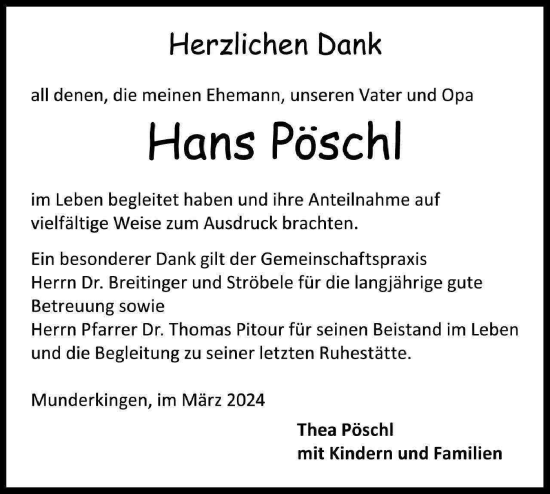 Traueranzeige von Hans Pöschl von Ehinger Tagblatt