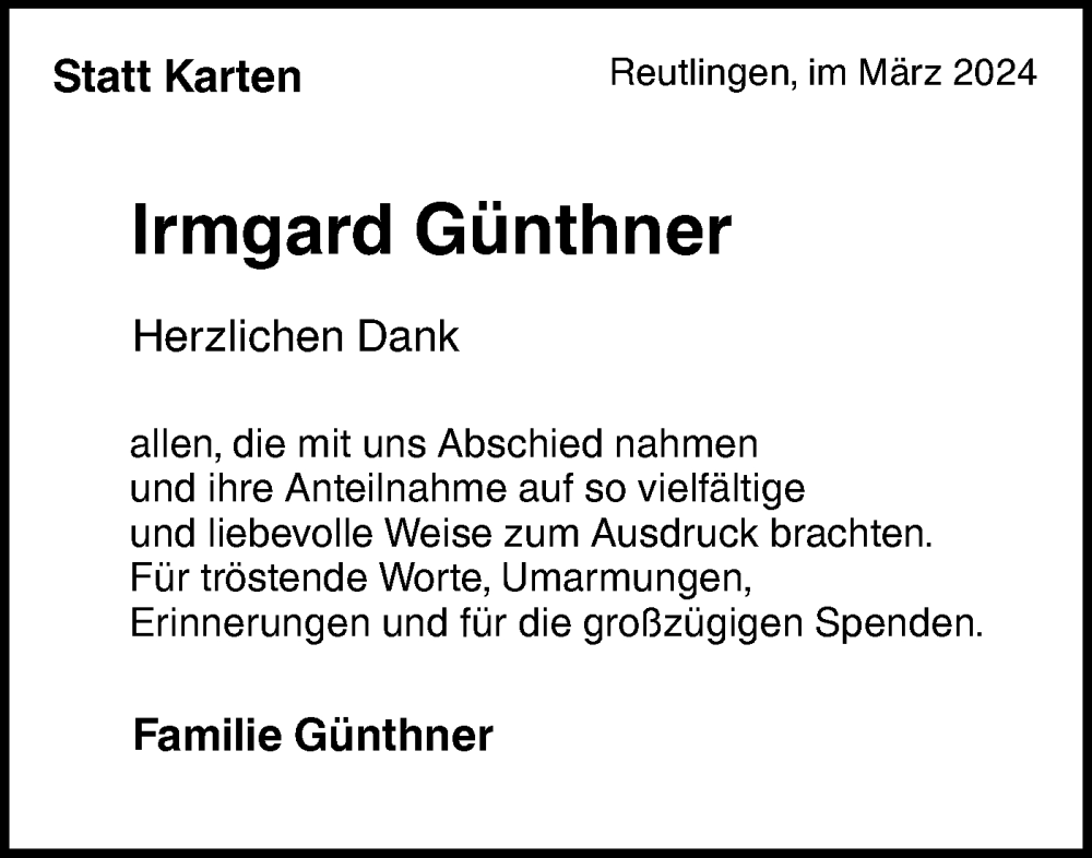  Traueranzeige für Irmgard Günthner vom 09.03.2024 aus NWZ Neue Württembergische Zeitung