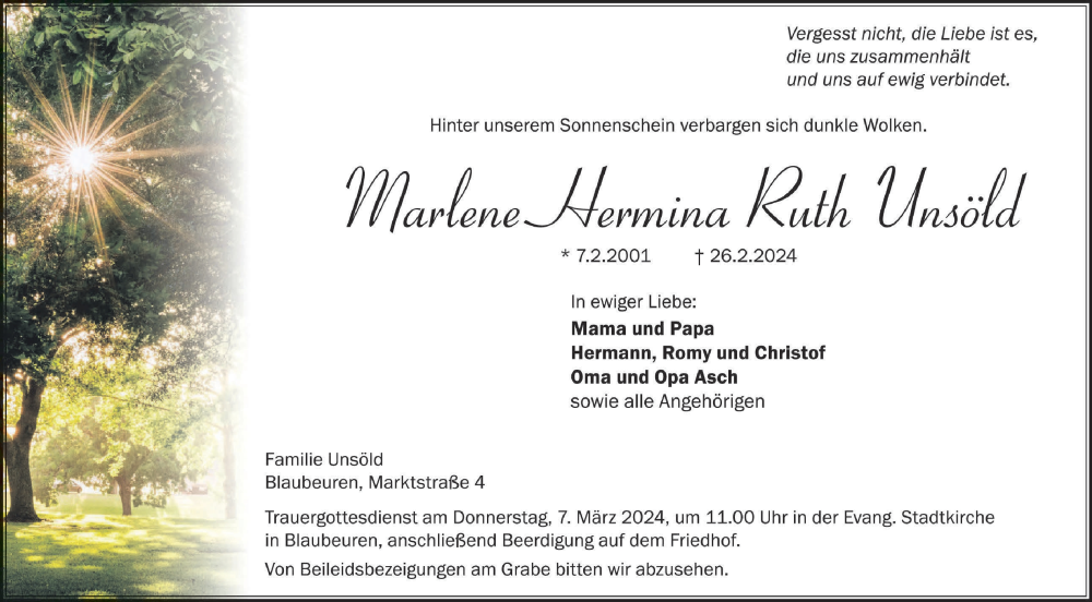  Traueranzeige für Marlene Hermina Ruth Unsöld vom 04.03.2024 aus SÜDWEST PRESSE Ausgabe Ulm/Neu-Ulm