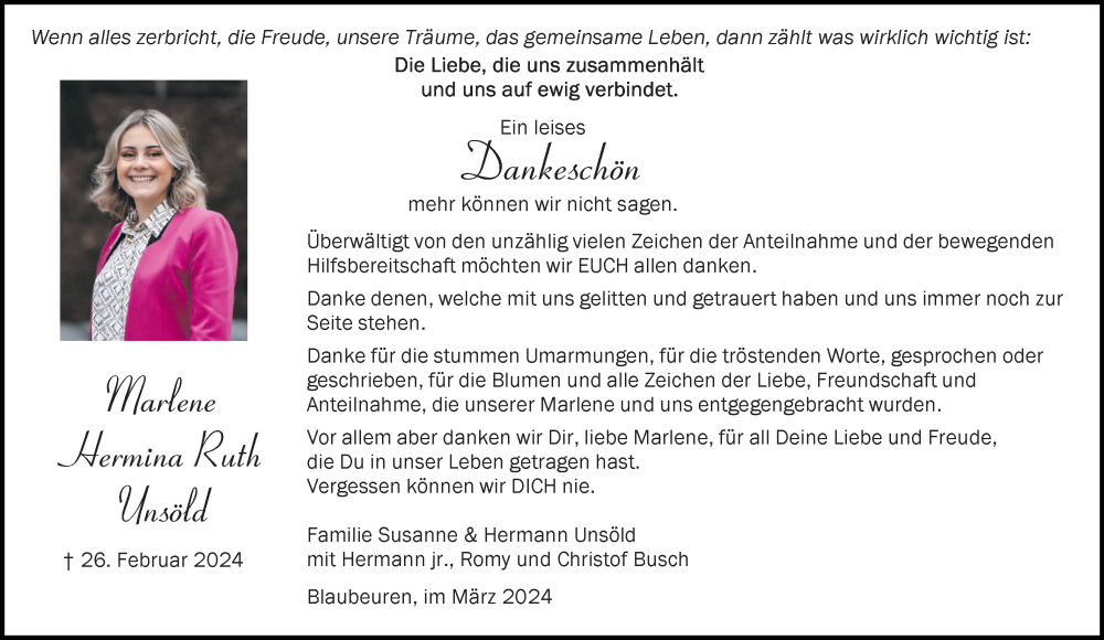  Traueranzeige für Marlene Hermina Ruth Unsöld vom 23.03.2024 aus SÜDWEST PRESSE Ausgabe Ulm/Neu-Ulm/Das Blaumännle