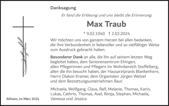 Traueranzeige von Max Traub von Ehinger Tagblatt