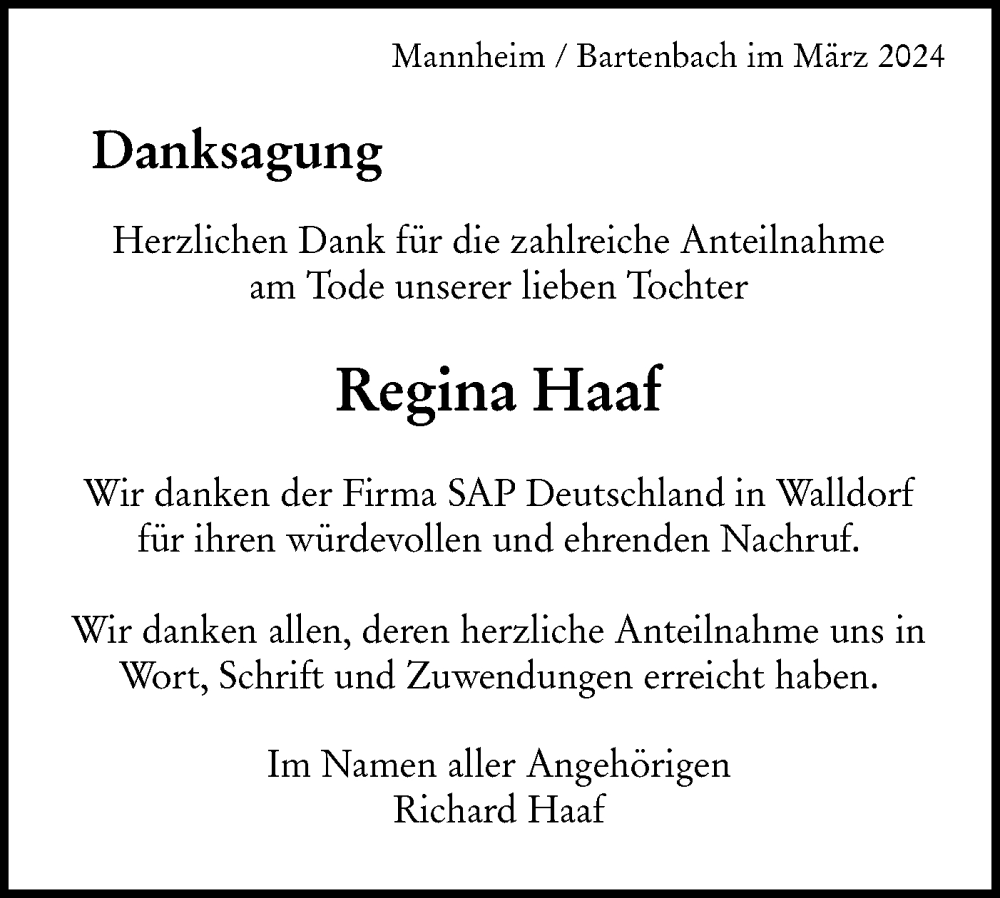  Traueranzeige für Regina Haaf vom 09.03.2024 aus NWZ Neue Württembergische Zeitung