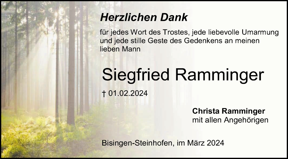  Traueranzeige für Siegfried Ramminger vom 02.03.2024 aus Hohenzollerische Zeitung