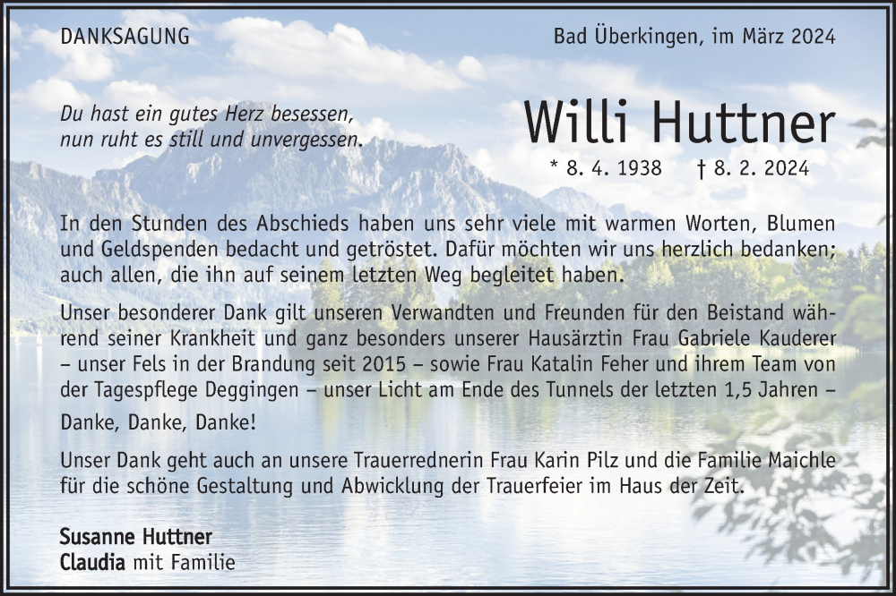  Traueranzeige für Willi Huttner vom 01.03.2024 aus Geislinger Zeitung