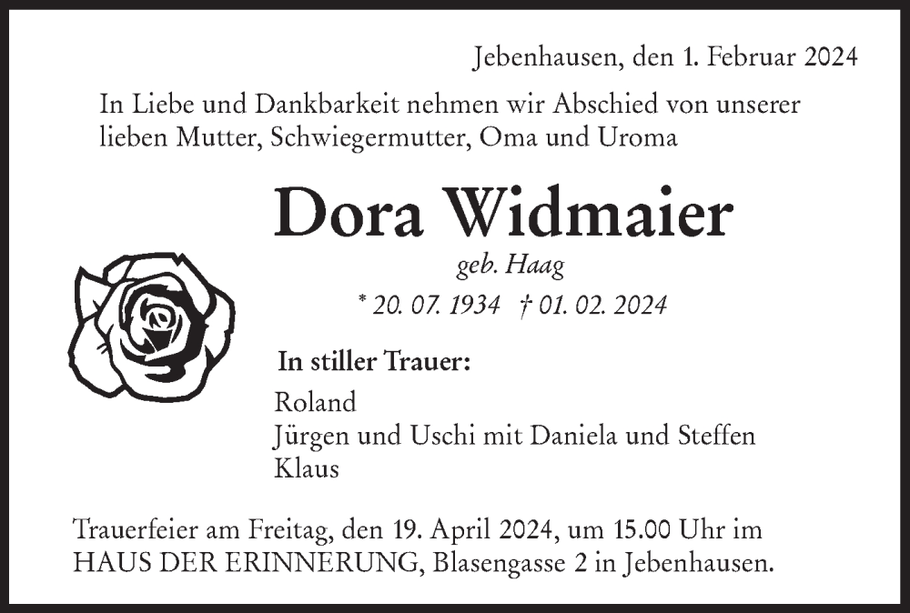 Traueranzeige für Dora Widmaier vom 13.04.2024 aus NWZ Neue Württembergische Zeitung