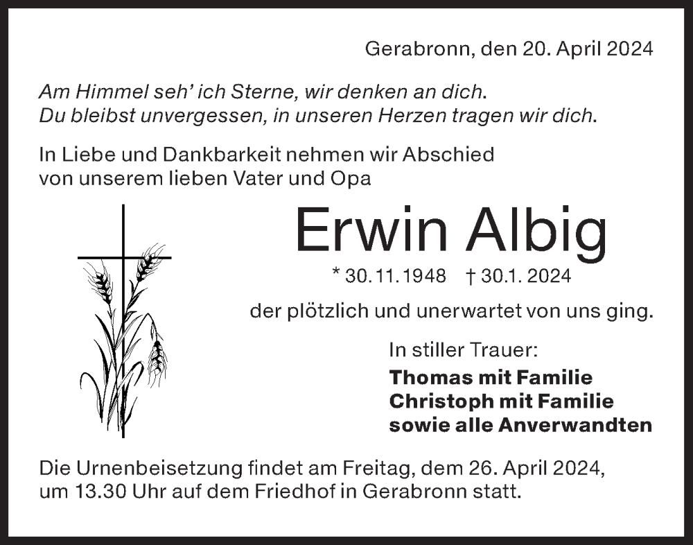  Traueranzeige für Erwin Albig vom 20.04.2024 aus Hohenloher Tagblatt