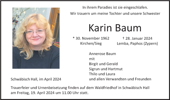 Traueranzeige von Karin Baum von Haller Tagblatt