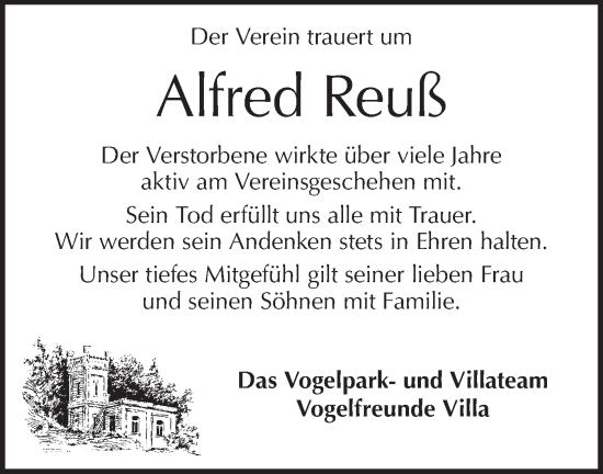 Traueranzeige von Alfred Reuß von Hohenloher Tagblatt