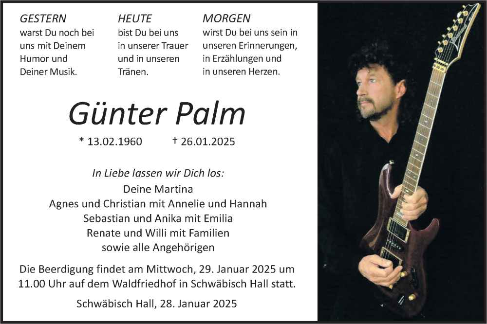  Traueranzeige für Günter Palm vom 28.01.2025 aus Haller Tagblatt