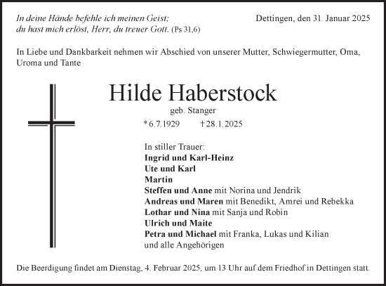 Traueranzeige von Hilde Haberstock von Alb-Bote/Metzinger-Uracher Volksblatt