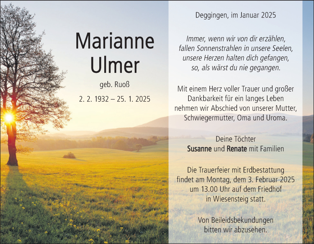  Traueranzeige für Marianne Ulmer vom 30.01.2025 aus Geislinger Zeitung
