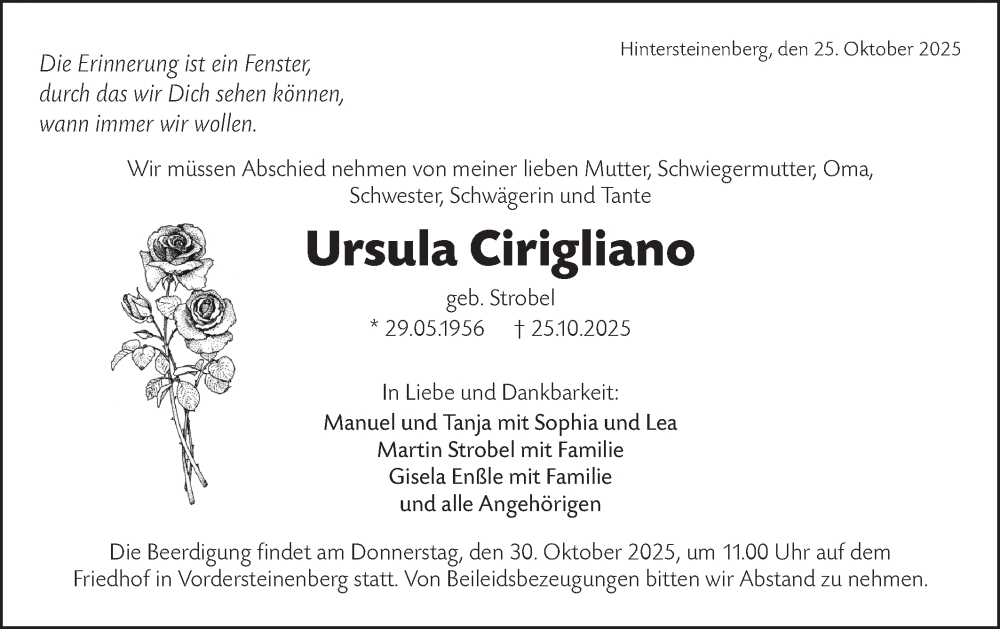  Traueranzeige für Ursula Cirigliano vom 29.10.2025 aus Rundschau Gaildorf